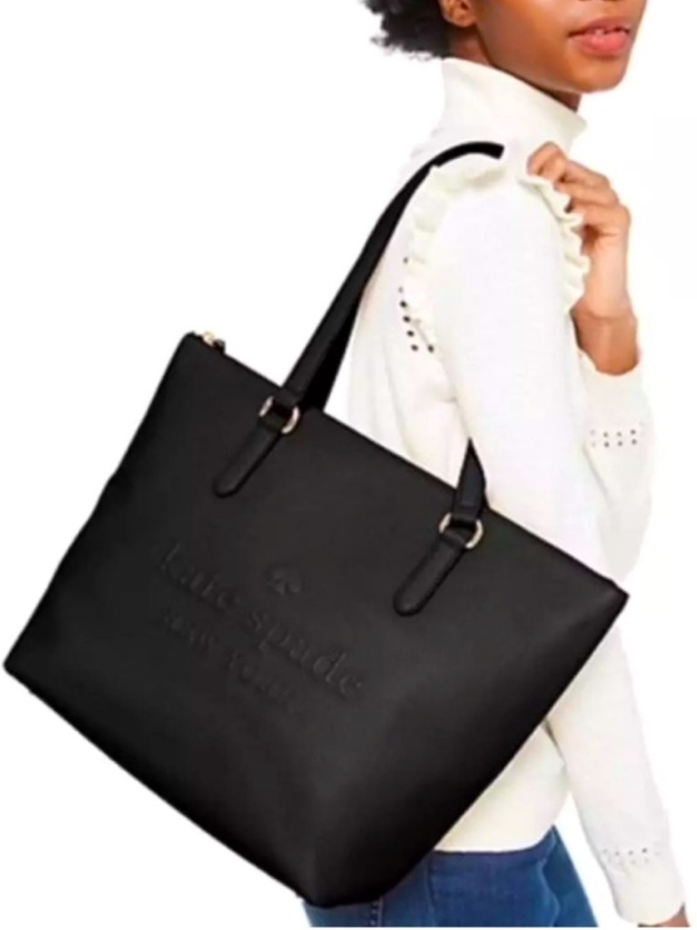 Kate Spade Larchmont Avenue Black Pebbled Leather Logo Tote Bag Gold Hardware